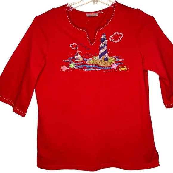 Quacker Factory Tops - Quacker Factory Red Sequined Beaded Lighthouse Sailboat 3/4 Sleeve Cotton Top 1X